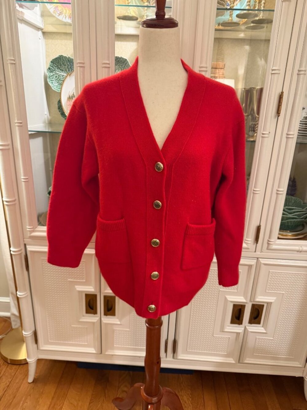 ZARA Red Wool Cardigan Sweater Gold Button V Neck Pockets Size Small Classic